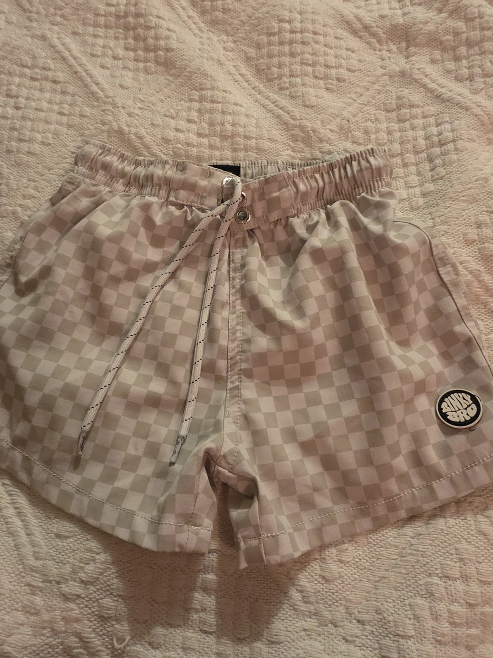 Boys Tan & White Checkered Swimshorts